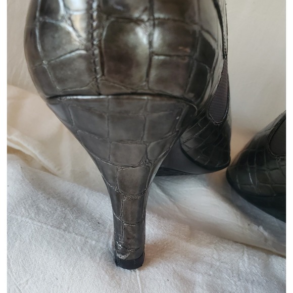 AK SZ 6.5 Gunmetal Croc Embossed Alligator Leather Bootie Pointy Toe Shoe Pumps - Picture 7 of 10